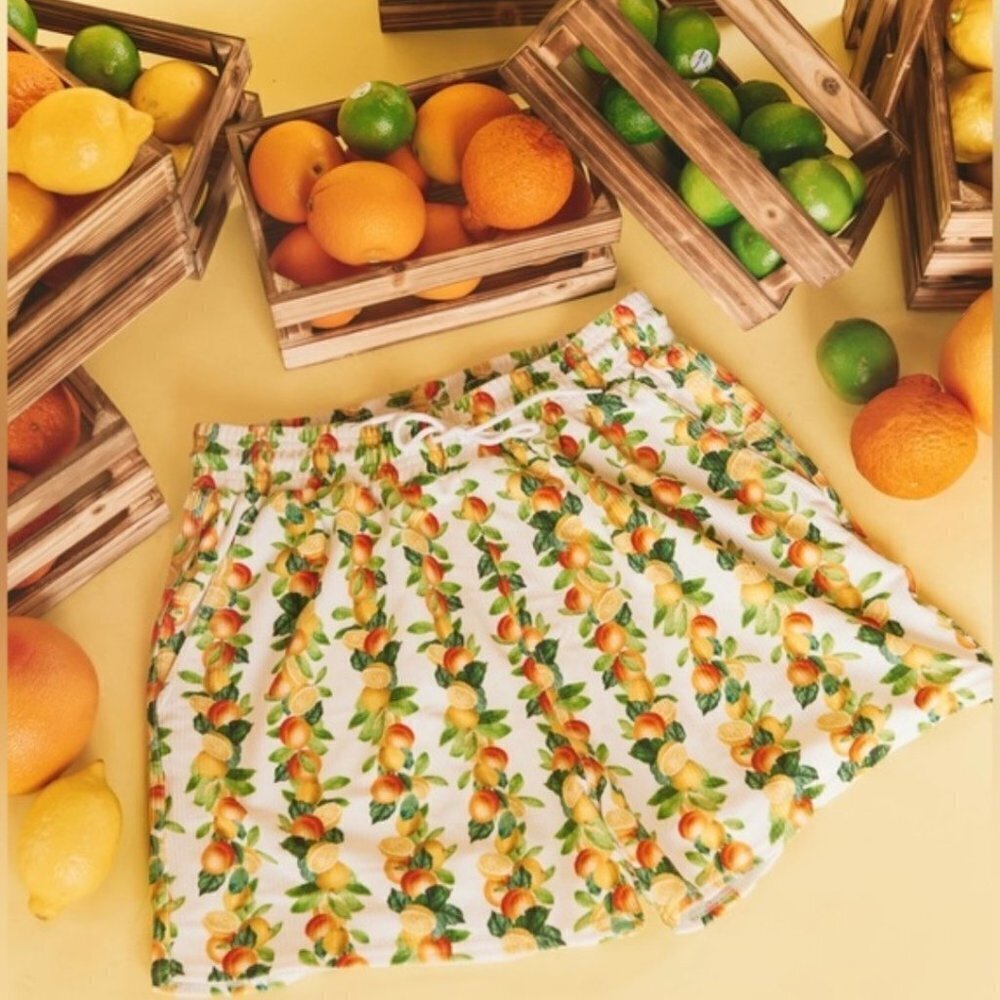 Show Me Your MuMu White Swim Trunks with Orange & Green Lemon Print